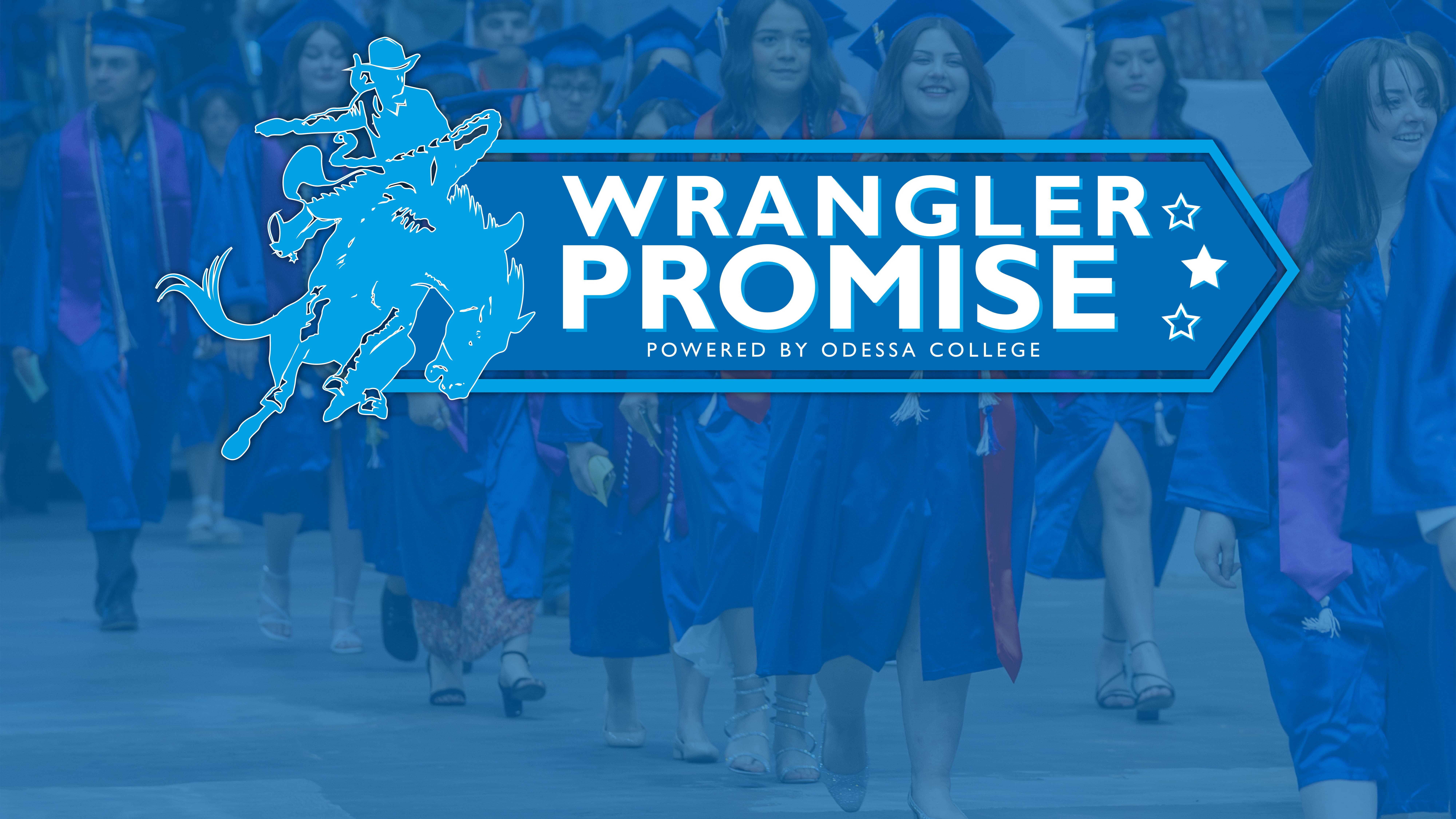 Wrangler Promise logo over image of graduates in cap and gown walking at graduation ceremony