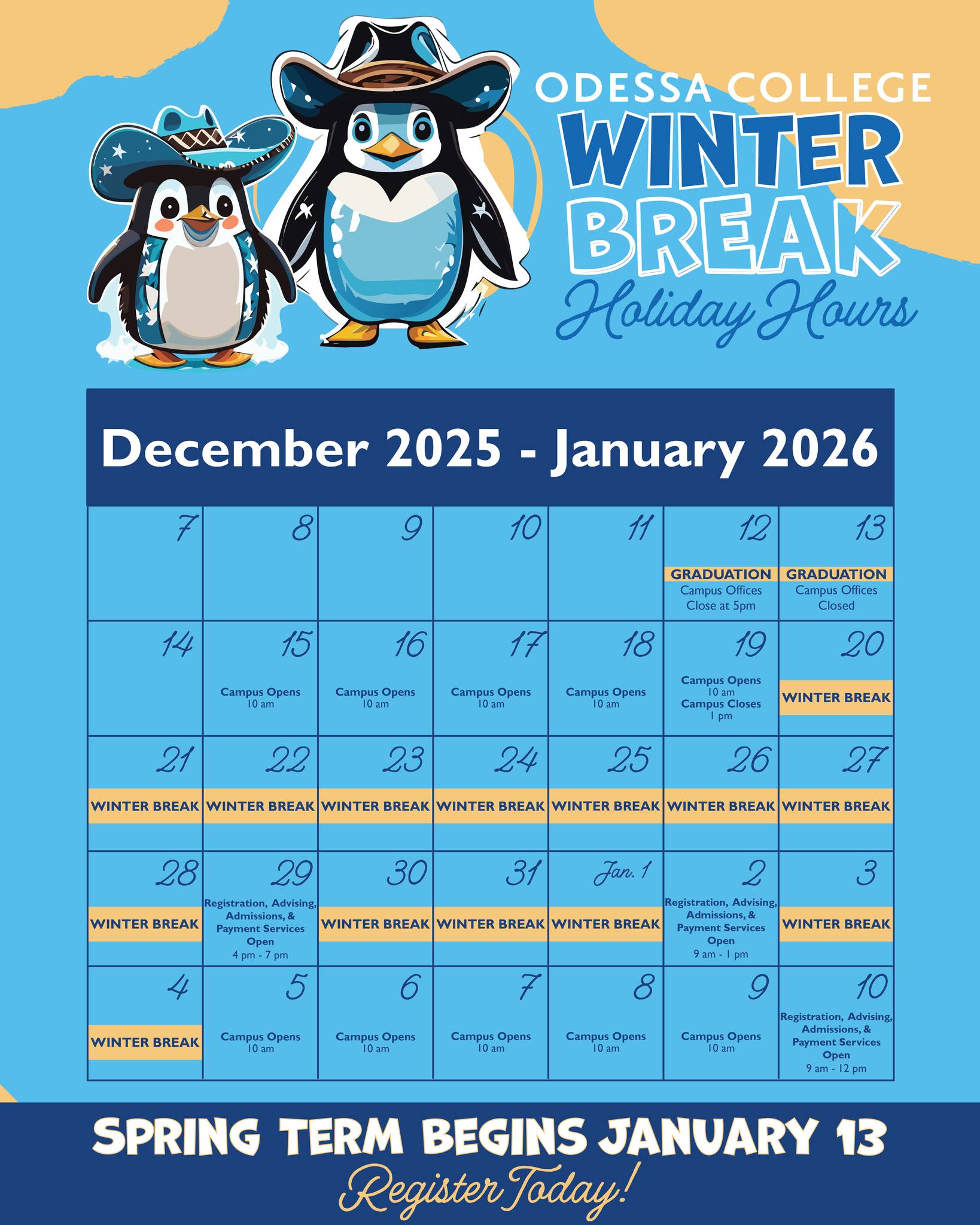 OC Calendar depicting holiday special hours