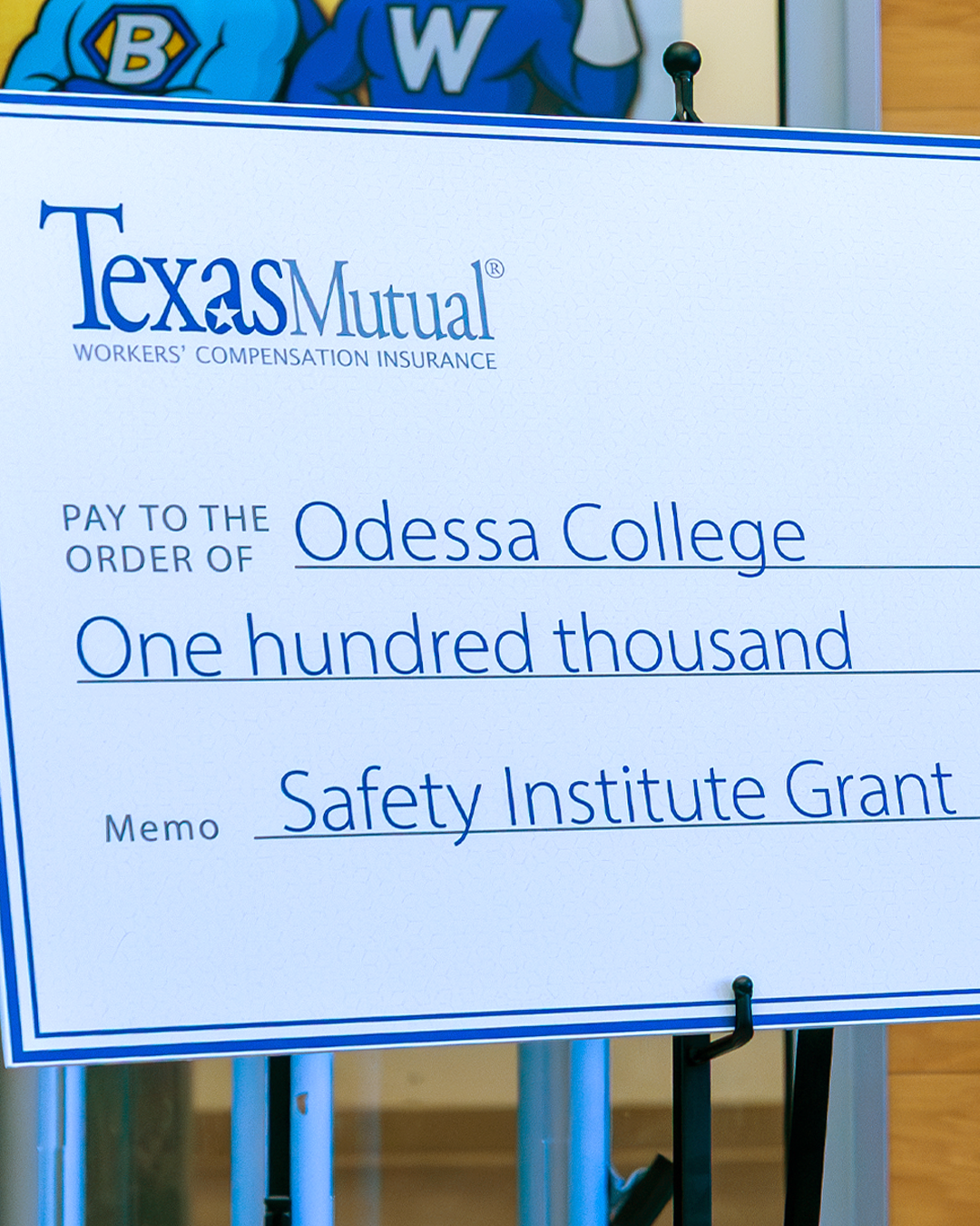Texas Mutual Insurance Check to Odessa College Safety Institute Grant for 100K
